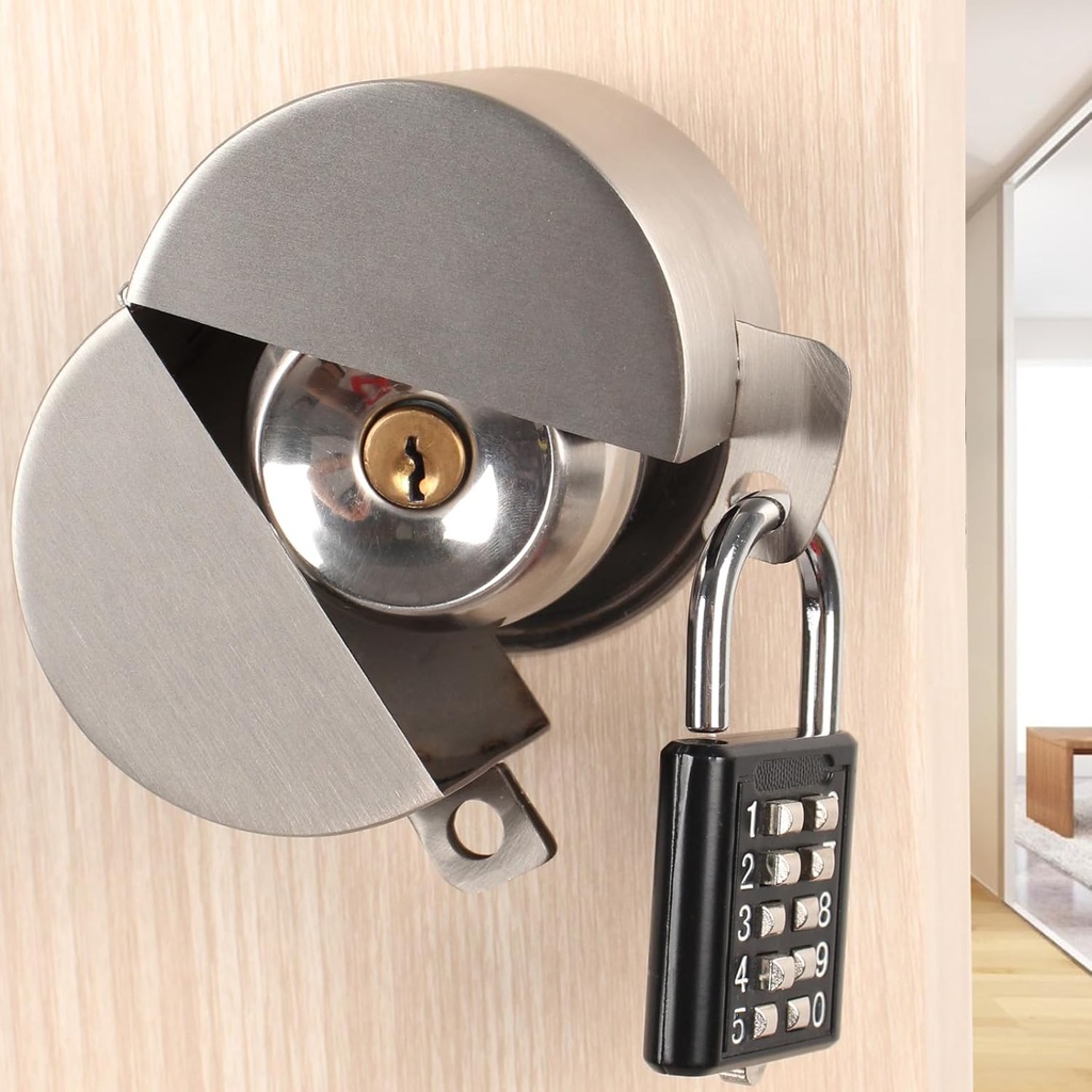 Door Knob Lock, Metal (Stainless Steel) Apply to Door Lockout Device，Prevents Turning of Door knob and Access to Keyhole, Door knob Child Proof Cover case Door Lock(with Padlock)
