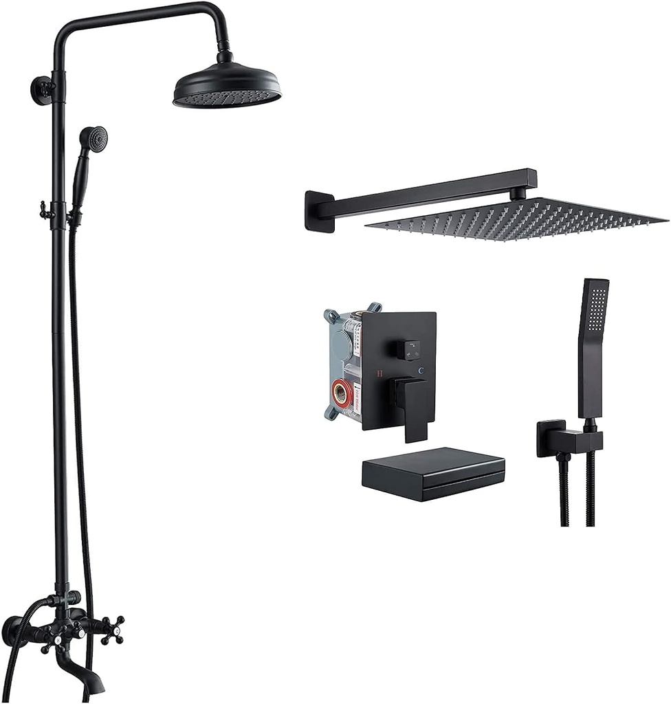 Matte Black Bathroom Luxury Shower Faucet 8’’ Round Head 2 Cross Handle Bathtub Hand Spray Wall Mount Shower Faucet Set with Waterfall Tub Spout 10’’ Square Rainfall Shower Head