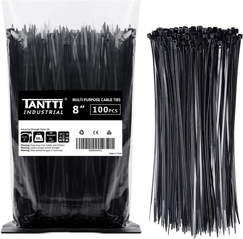 Zip Ties 8 inch Black Zip Ties with 50 Pounds Tensile Strength,Cable Ties,100 Pack, by Tantti Supply