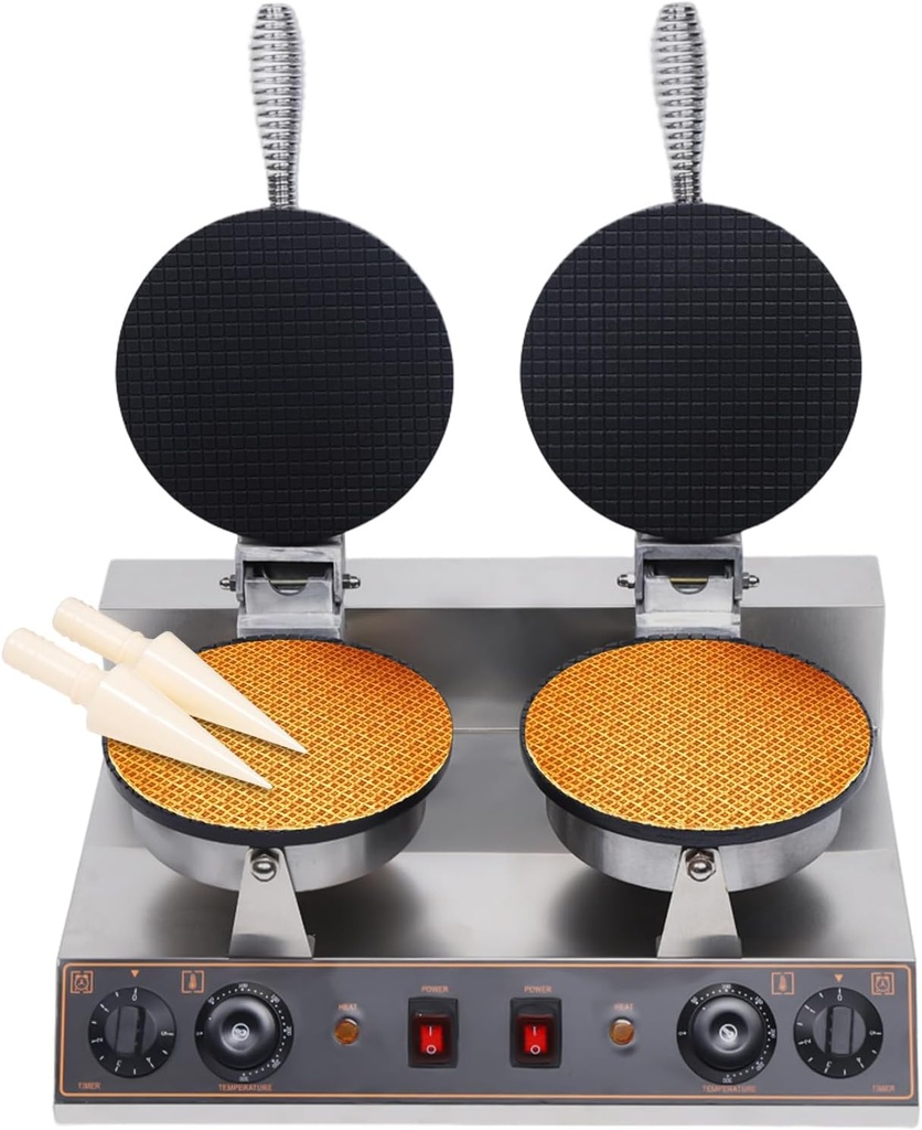 BICKKOMG 110V Ice Cream Cone Maker, Commercial Waffle Cone Machine Electric Stainless Steel Non-stick Cone Waffles Maker Double Head Egg Roll Mold, Ice Cream Waffle Maker for Restaurant Home