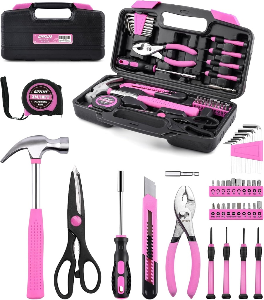 Tool Set Pink-40 Piece - General Household Hand Tool Kit with Plastic Toolbox Storage Case(Pink)