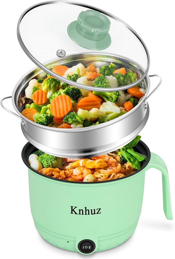 Hot Pot Electric With Steamer,Rapid Ramen Cooker,1.8L Mini Portable Self Heating Electric Pot For Cooking Noodles Oatmeal Pasta,Shabu Shabu Hotpot Pot Electric Dorm Lazy Pot,Non-Stick Green