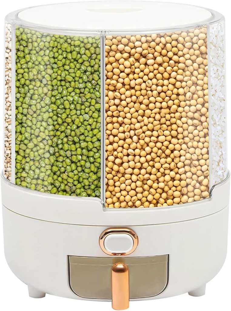 Cereal Dispenser, 6-Grid 360° Rotating Rice Dispenser with Lid Clear Grain Storage Container for Kitchen Countertop Dry Food Storage 14.3lbs Capacity 9.25x11.42in White