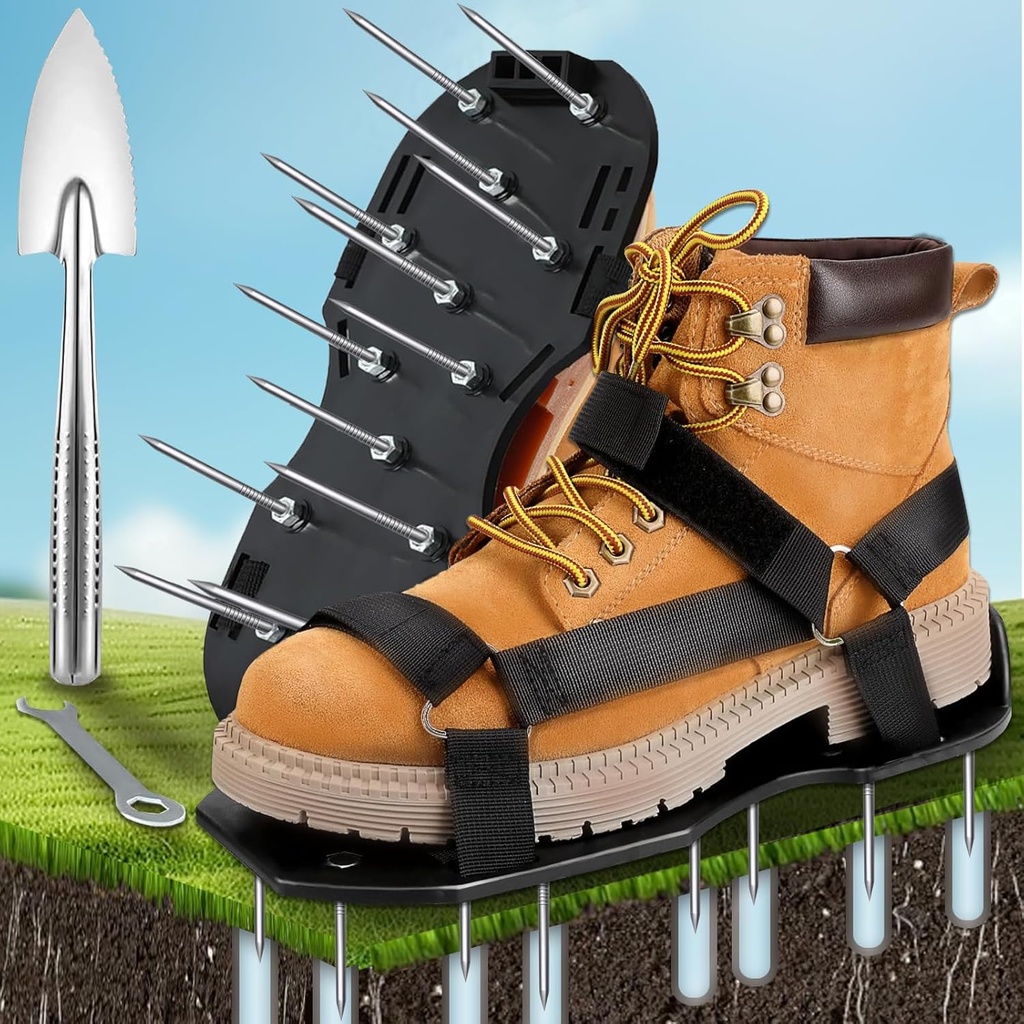 Lawn Aerator Shoes, Upgrade 2.4" Heavy Duty Spike Aeration Shoes Lawn with Adjustable Hook&Loop Straps, Easy Installation One-Size-Fits-All Grass Aerators for Yard Lawns Soil Patio (Black)