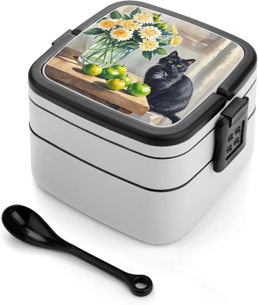 Family Cat Bento Box, Reusable Double Layer Lunch Box with Handle & Dividers, 1000ml Leakproof Lunch Container for Office, Picnic, Travel