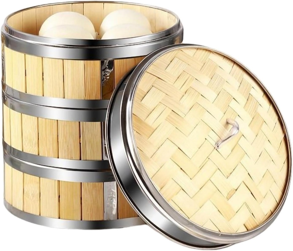 Handmade Bamboo Steamer Basket with Lid 3 Tiers Food Bamboo Steamers for Cooking Steam Baskets Dumplings Vegetables Chicken Fish Rice 30cm