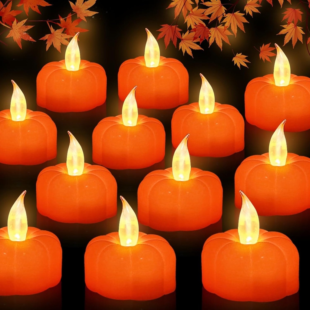 Fall Decorations for Home Pumpkin Tea Lights, 12 Pack LED Orange Pumpkin Lights Flame Less Candles Battery Operated Thanksgiving Decorations Flickering Tealights Candles for Home Indoor Party Decor