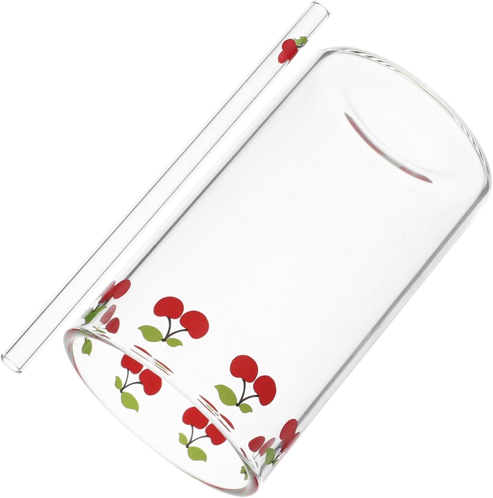 PRETYZOOM 1Set Cherry Pattern Glass Cup with Straw Portable Drinking Glass for Milk Tea and and Easy to Clean Elegant Design for Home and Office Use