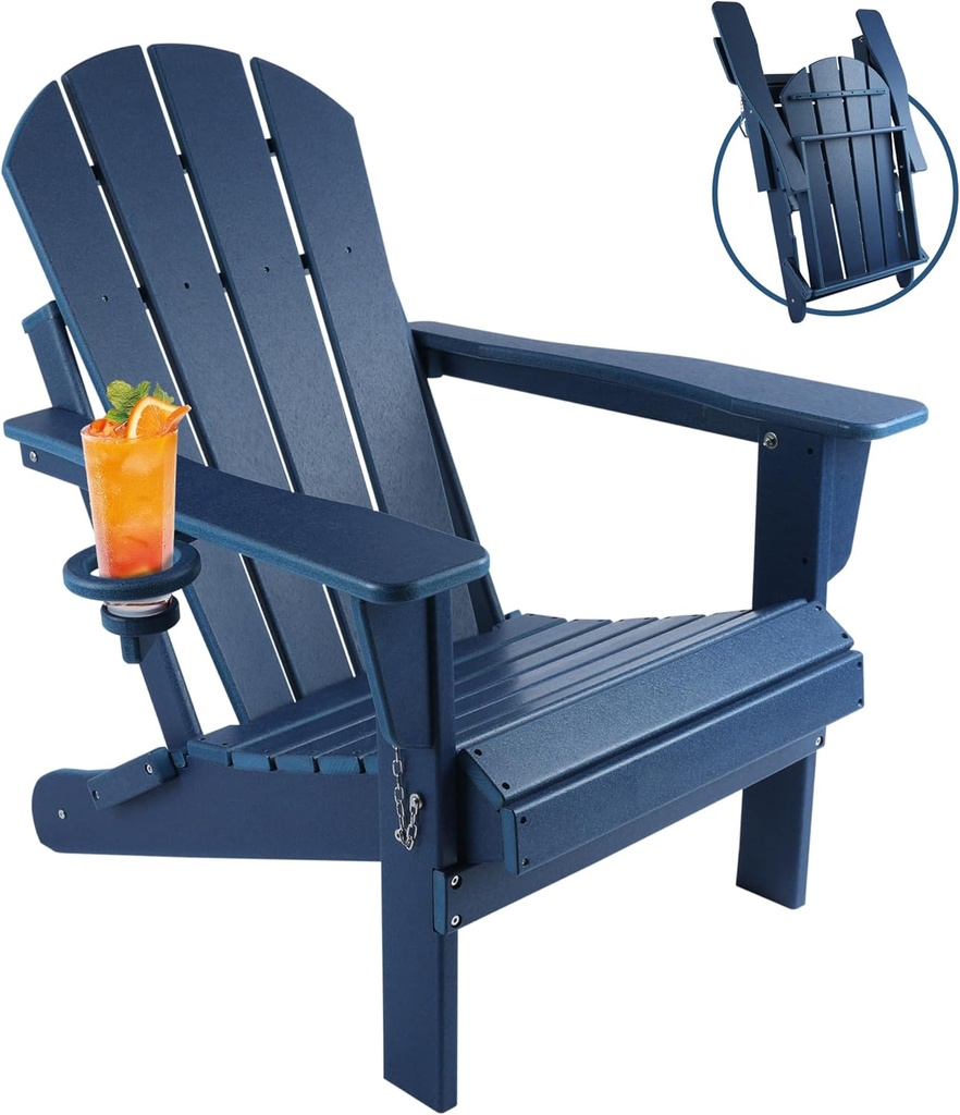 Magpie Fabrics Foldable Adirondack Chair with Cup Holder, HDPE Weather Resistant Oversize Outdoor Chair, Widely Used in Patio, Fire Pit, Deck, Porch, Garden, Campfire (Navy Blue)