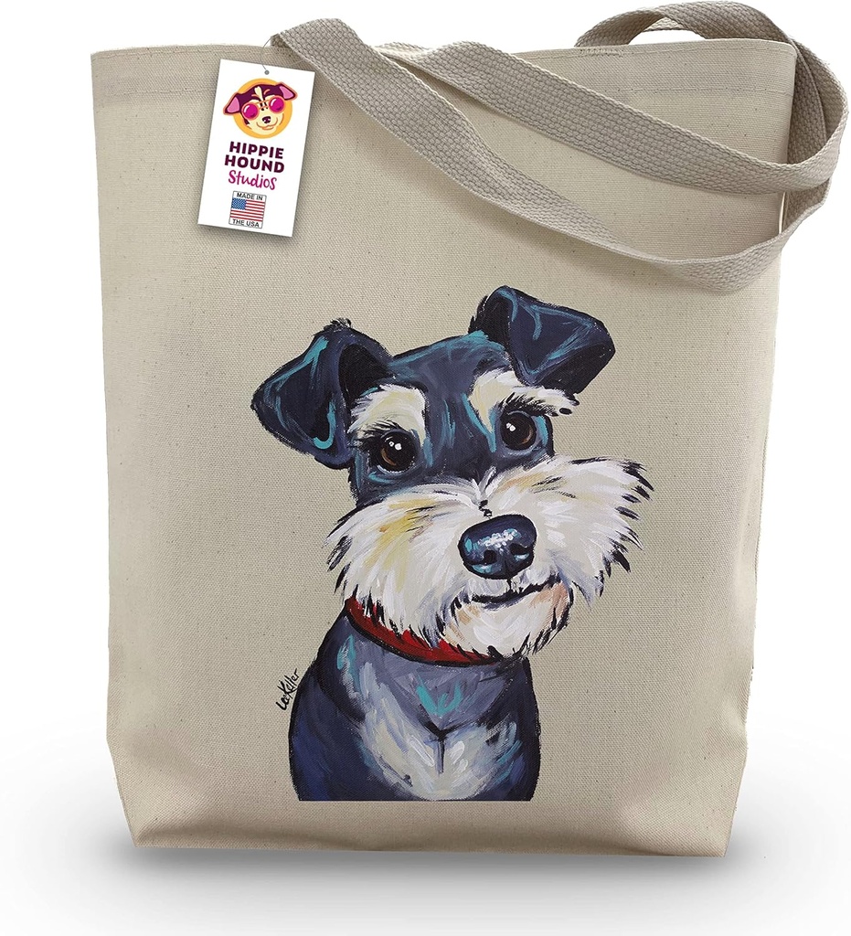 HIPPIE HOUND STUDIOS Schnauzer Tote Bag - Schnauzer Lover Gift - Gifts for Mom - Handmade Totes - Schnauzer Canvas Totes - Cute Schnauzer Reusable Shopping Bag - Grocery Bag - Handbag - Beach Bag