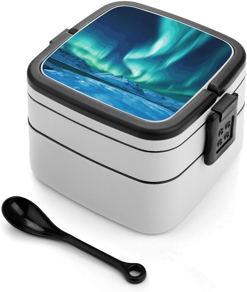 Adult Double-Layer Bento Box Northern Lights Portable Lunch Box with Spoon And Invisible Handle Leakproof Microwave-Safe Food Container for Work Travel Camping