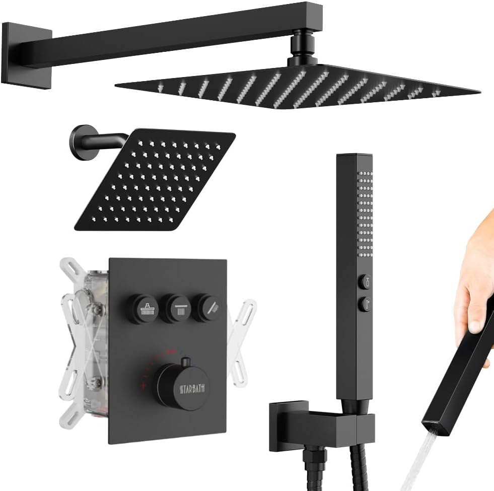 Thermostatic Shower System Matte Black, STARBATH Shower Faucets Sets 12+ 6" Wall Mount Rain Shower and 2 in 1 Handhled, Can Use All at Once, Push Button 3 Modes Valve and Trim Kit Complete Shower Set