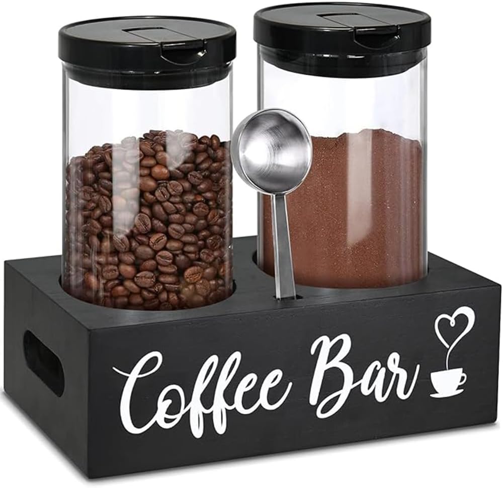 Glass Coffee Containers with Shelf & Scoop, 2 Pcs 48OZ Coffee Storage Jars with Airtight Lid for Coffee Beans, Coffee Powder, Nuts, Snack, Sugar, Tea, Black