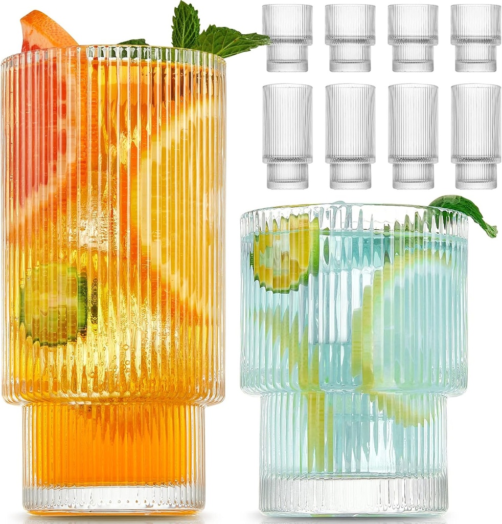 Small 8 Pack Drinking Glasses, 4pcs Highball Glasses (11oz) & 4pcs Rocks Glasses (6oz), Vintage Glass Cups, Elegant Ribbed Glassware, Iced Coffee Glasses, Glass Tumbler for Cocktail, Whiskey, Juice