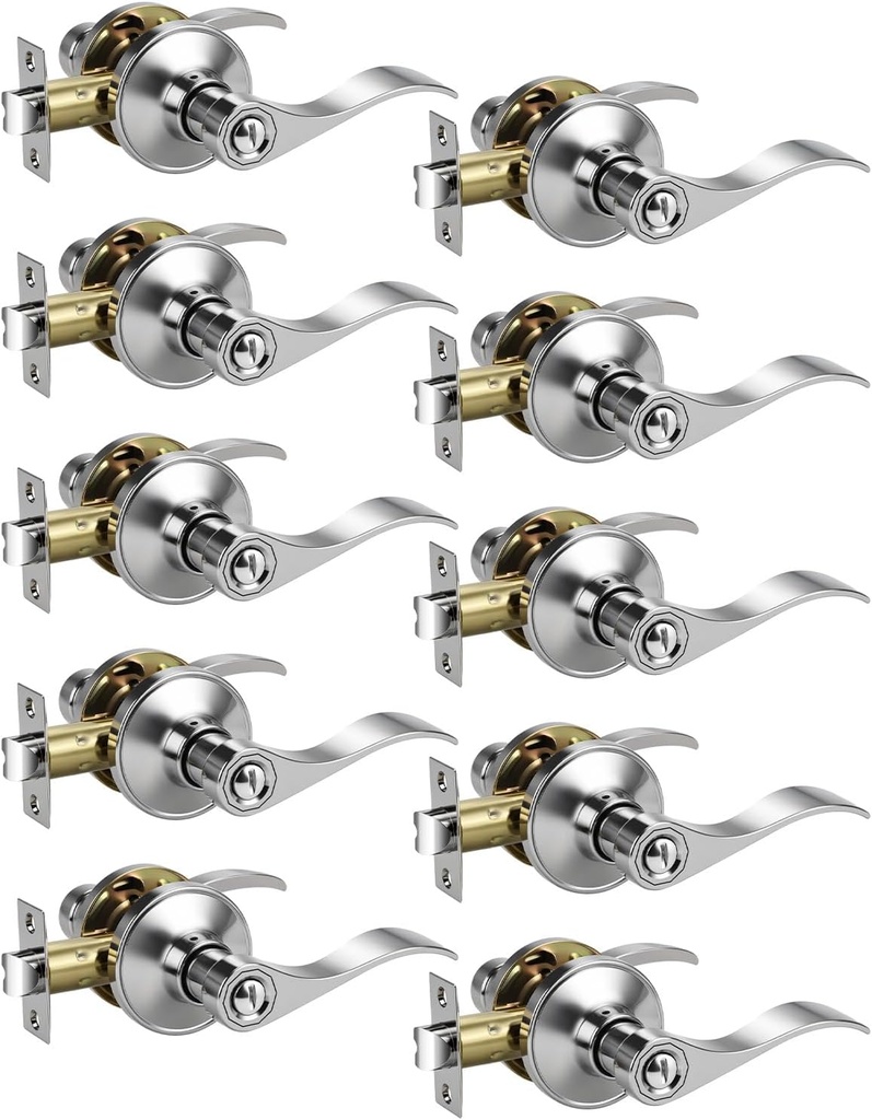 KNOBWELL 10 Pack Interior Door Handle with Lock, Polished Chrome Bedroom Bathroom Doorknob Inside Privacy Door Lever