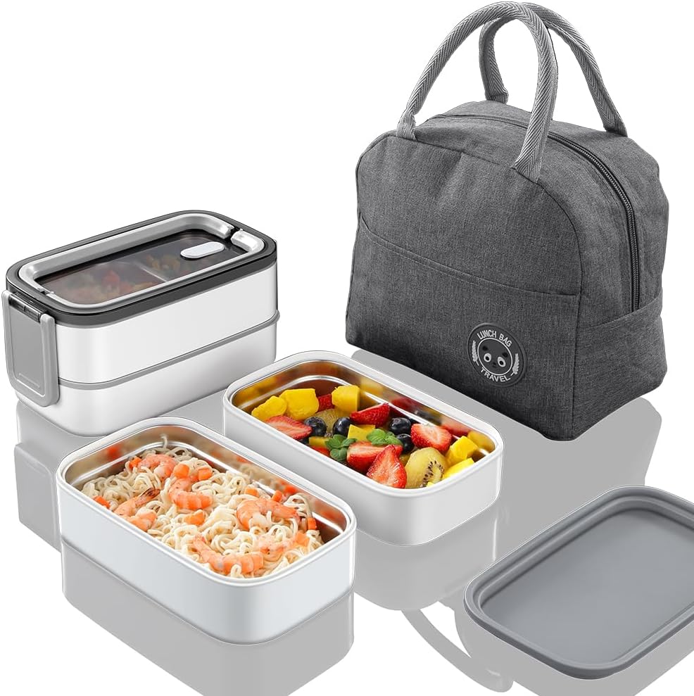 Stainless Steel Lunch Box - Bento Box Multifunctional Containers with Insulation Bag, 3 Compartments-Layered Design for Work Picnic Travel, 1.35L Capacity, with Fork and Spoon