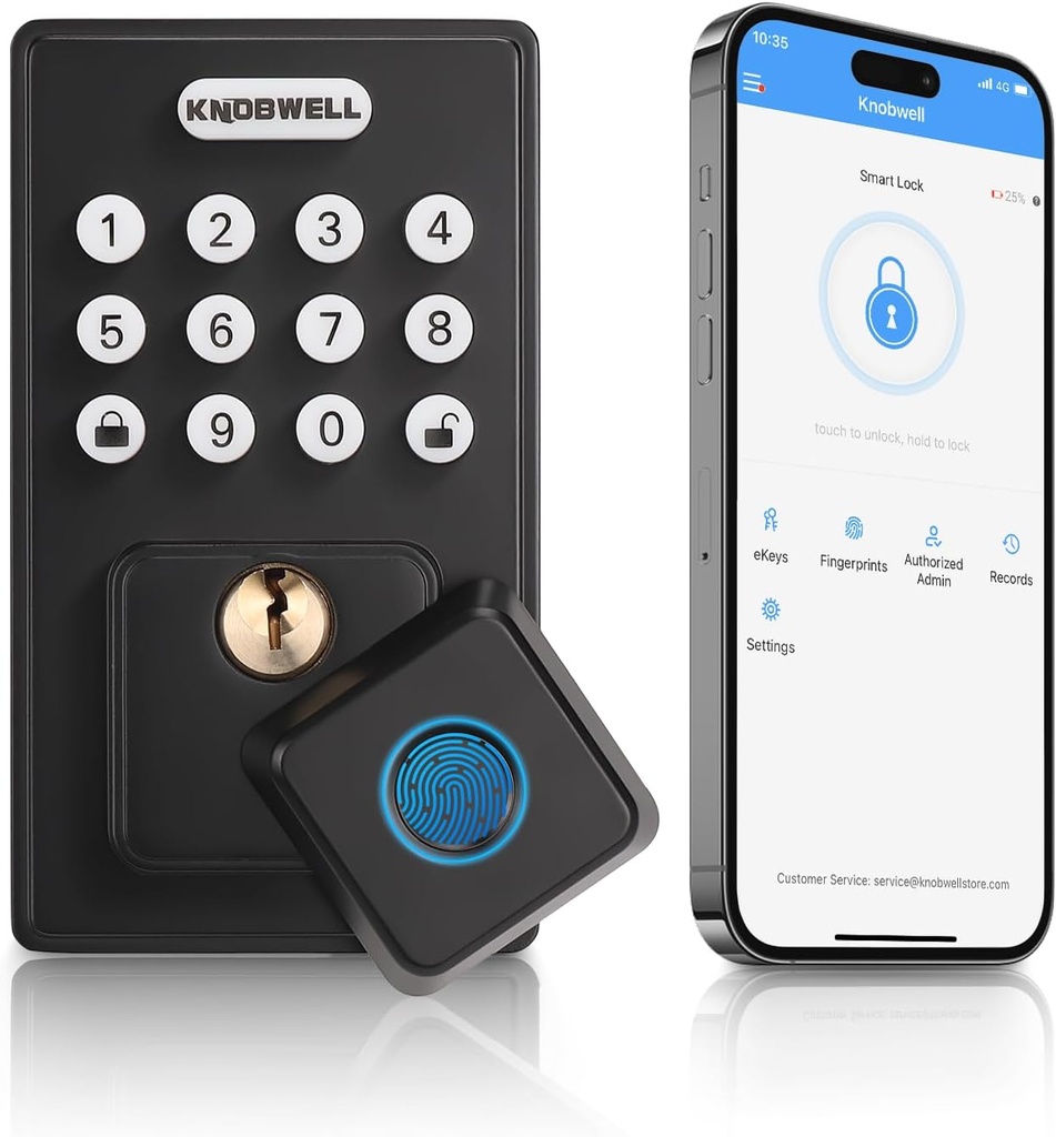 KNOBWELL Smart Lock Deadbolt for Front Door, Fingerprint Keyless Entry Door Lock, Biometric Touch Digital Keypad Deadbolt, Electronic Password Door Locks with Bluetooth and APP Control