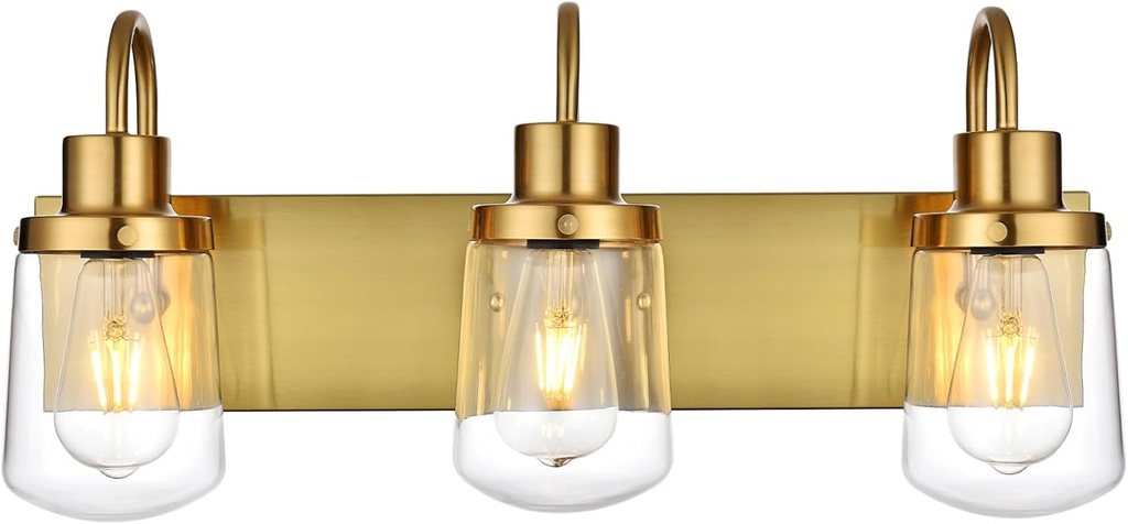 Yaohong Modern Bathroom Vanity Light, 3 Light Bathroom Light Fixture Over Mirror, Gold Bathroom Light with Glass Shade for Bedroom Vanity Cabinet Hallway Stairs