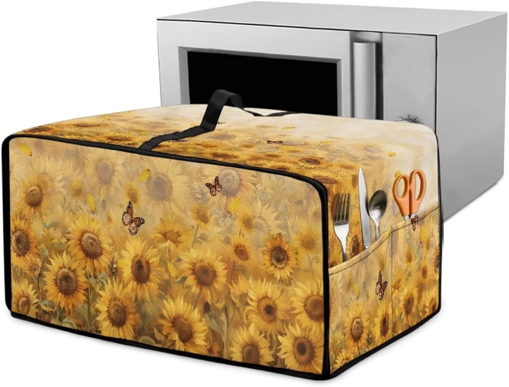 Microwave Oven Cover Dustproof Air Fryer Toaster Oven Protector with Storage Pockets, Stain-resistant Small Appliance Cover for Kitchen Decor, M, Sunflower Butterfly