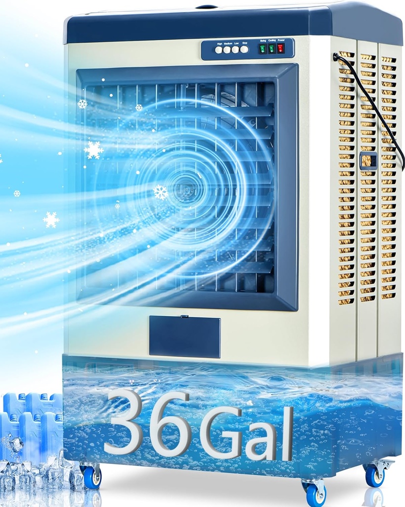 Uthfy 58" Evaporative Air Cooler, 8979 CFM Swamp Cooler with 110° Oscillation, 36 Gallon Water Tank, Portable Air Conditioner with 3 Speeds, Evaporative Cooler with 5 Ice Packs for Garage, Patio Use