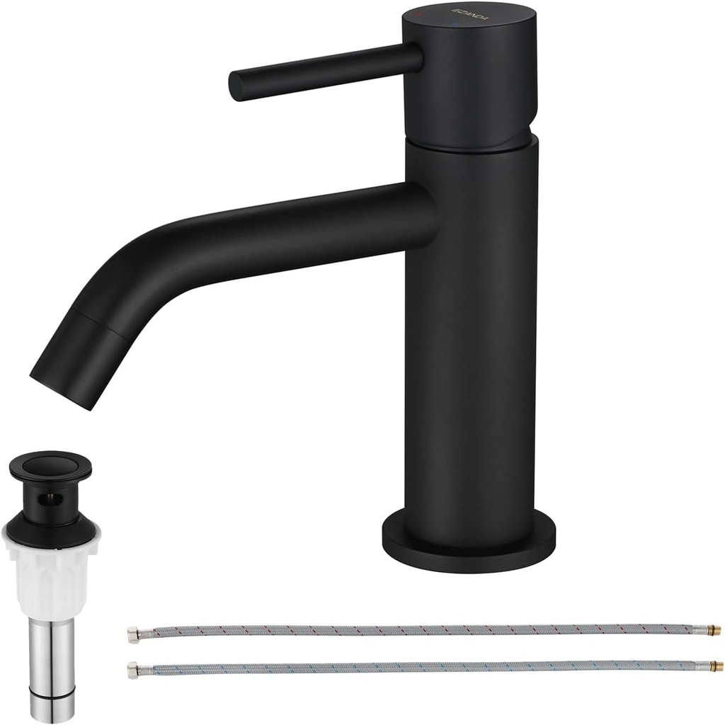 Brass Single Handle Bathroom Faucet with Pop-up Sink Drain Assembly & Faucet Supply Lines, Matte Black, 1431104