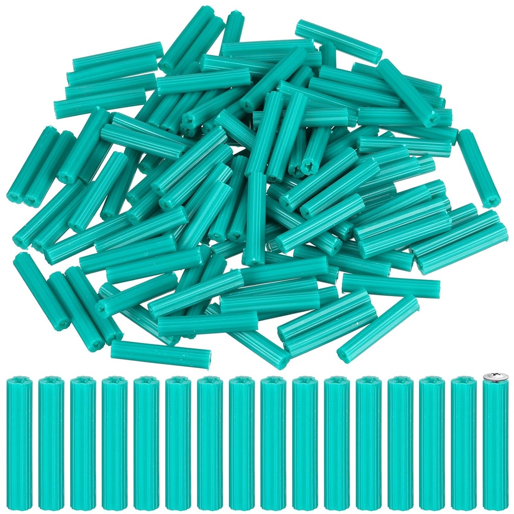 200 Pcs Expanding Plastic Screw Anchors 1/4" Hole Green Plastic Anchors for Concrete Tile Cement Bolt Expansion Tube for #10,11,12 Screws, Fix to Wall Drywall or Other Surface(1-1/2")