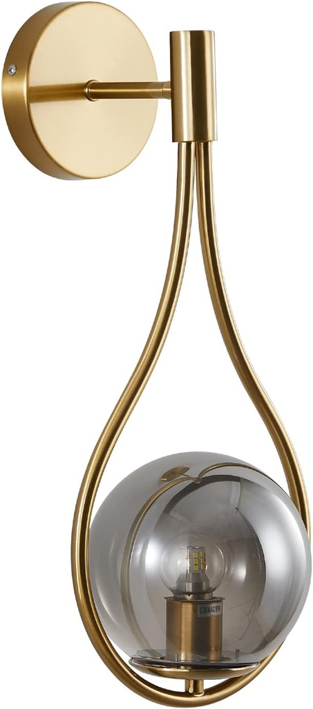 KCO Lighting Modern Vintage Gold Teardrop Wall Sconce Farmhouse Globe Wall Light Fixture Cordless Sconces Wall Lighting for Stairwell Bathroom Bedroom (Gold + Smoke Grey)