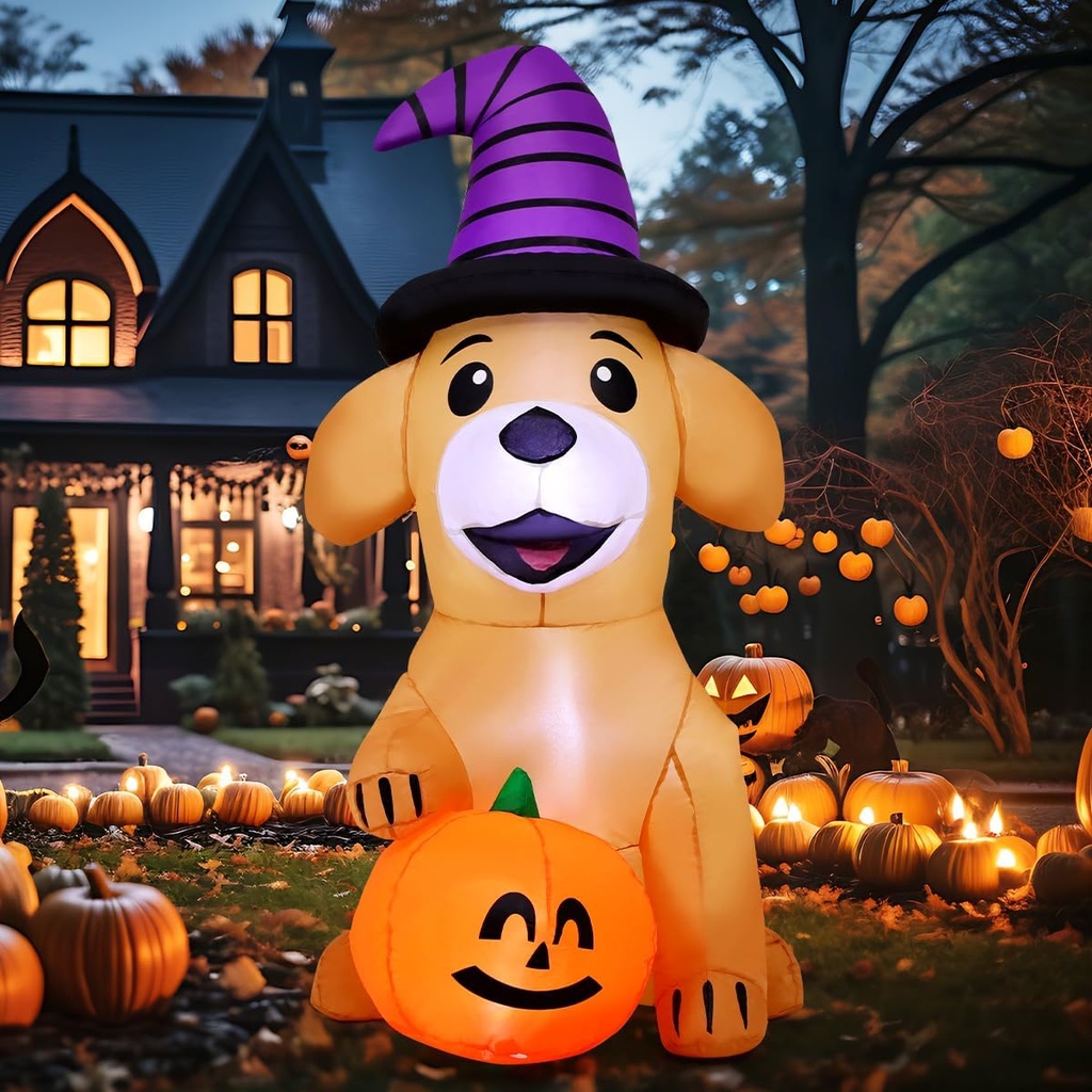 COMIN 5 FT Halloween Inflatables Dog Pumpkin Outdoor Decorations Blow Up Yard with Built-in LEDs for Indoor Party Garden Lawn Decor
