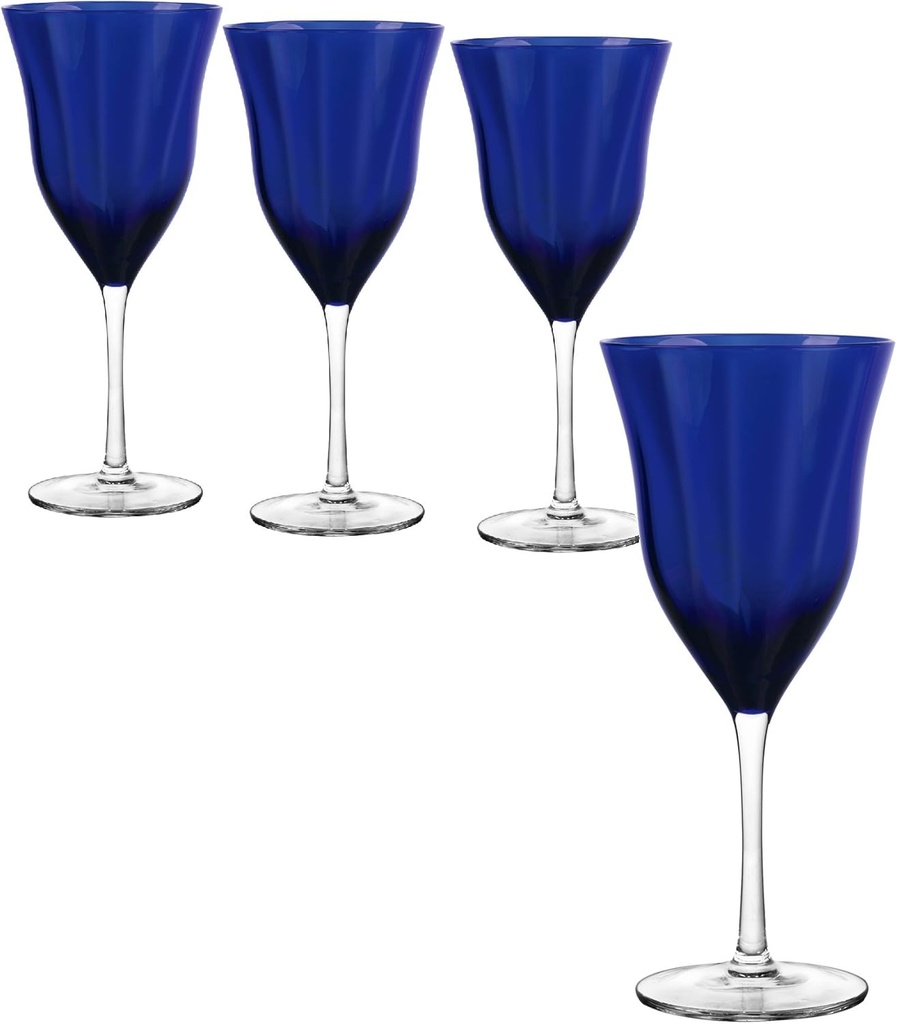 QUALIA Meridian Blue Wine Glasses Set of 4, Cobalt Blue Goblets Glassware, Colored Wine Glasses with Optic Effect, 14 oz Lead-Free Crystal Glass, Colored Glassware, Birthday Gifts For Women,