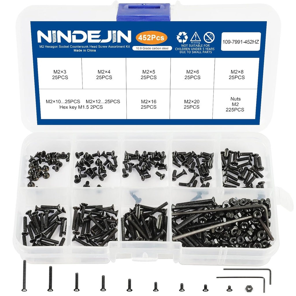NINDEJIN M2 Screws, Metric M2-0.4 Flat Head Allen Socket Drive Screw, 452 pcs M2 Tiny Nuts Assortment Kit for 3D Printing Projects, RC Airplanes and Other Small Projects (9 Screw Lengths)