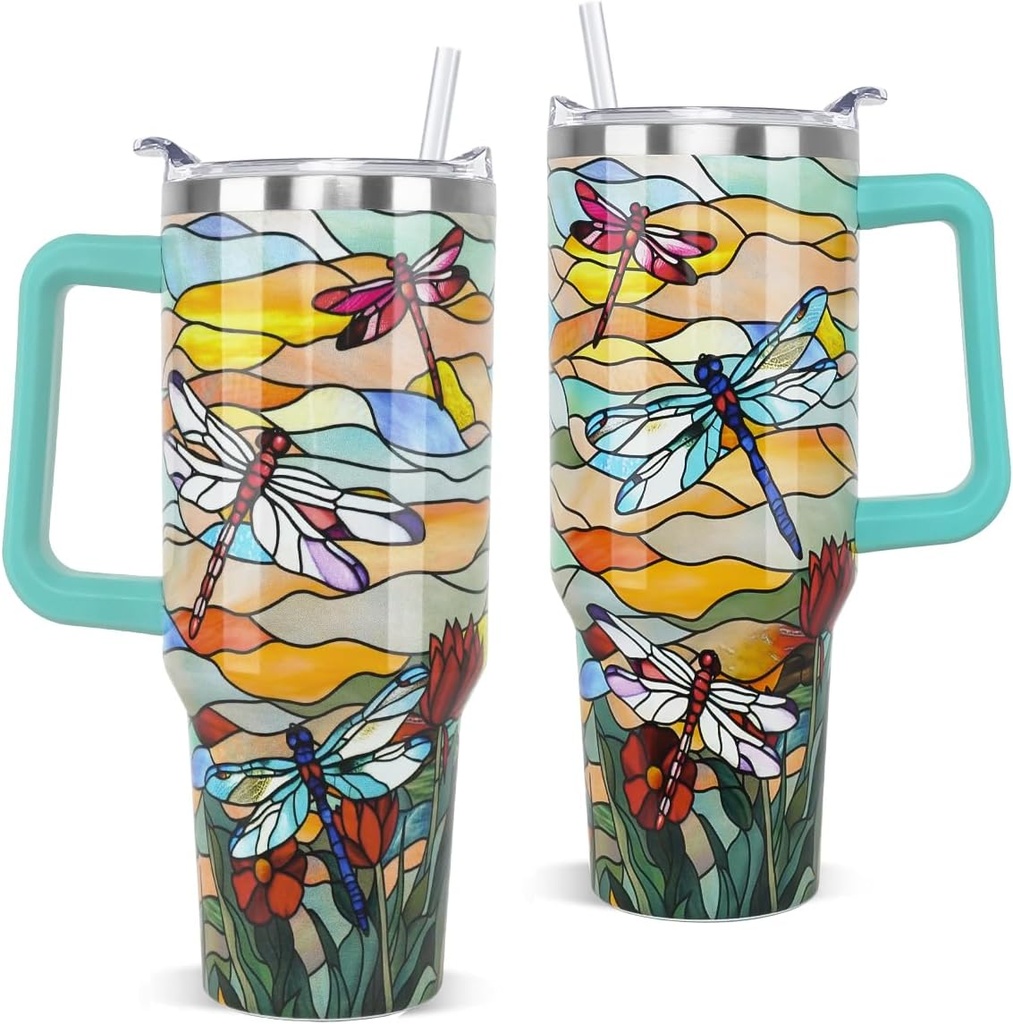 Dragonfly Tumbler with Handle and Straw 40 oz Dragonfly Coffee Travel Mug Medieval Glass Style Insulated Cup Water Bottle Dragonflies Stuff Gifts Decor for Women