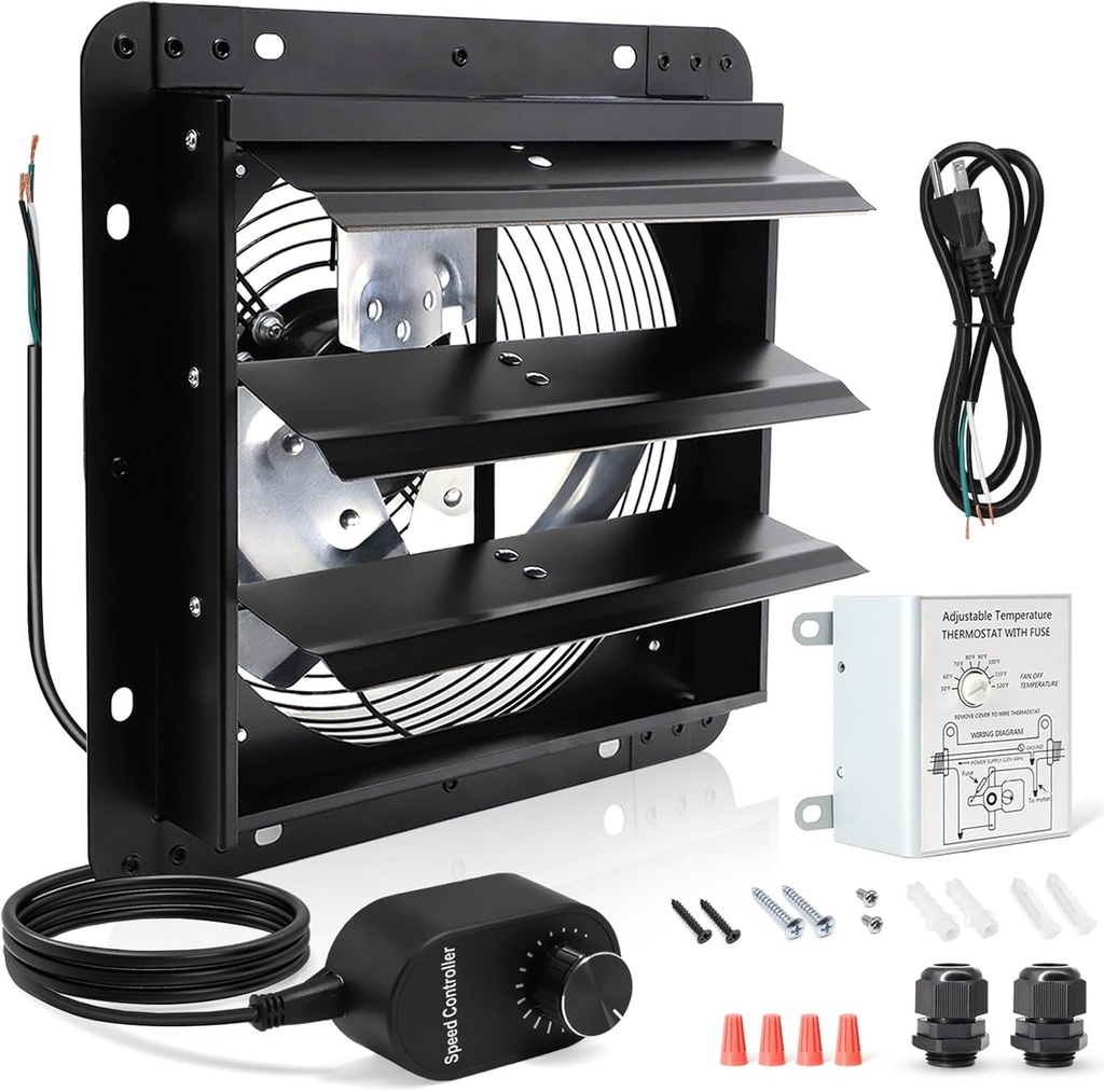 Shutter Exhaust Fan with Thermostat & Speed Control, 1088 CFM,1700RPM, Upgrade 14 inch Wall Mount Attic Vent Fan for Chicken Coops, Greenhouse, Gable, Barn, Garage, Shed Ventilator