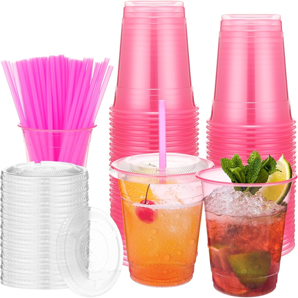 50 Set 12 oz Plastic Pink Cups Glowing Party Pink Disposable Cup with Clear Lids and Straws Disposable Cups Glow in the Dark Drinking Cup Bulk for Weddings Birthdays