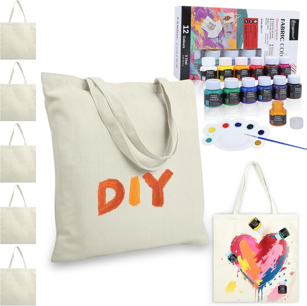 TT·SSTIE 6 Pack Canvas Tote Bag Bulk with Fabric Paints 15.4"x15.7" Plain Tote Bags to Decorate Resuable Blank Canvas Bags for Crafts, Painting, DIY, Shopping, Gift (Beige)