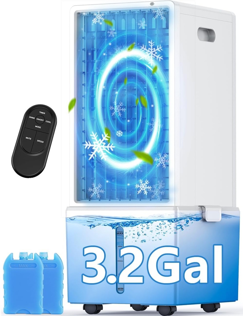4-IN-1 Portable Air Conditioners w/3.2-Gal Tank for 24H Cooling, 4 Wind Speeds & 4 Modes, LED Touch Screen, Waterless Alert System & 12H Timer, Remote, Windowless Air Conditioner for Bedroom