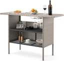 ECOTOUGE Wicker Bar Table, Outdoor Patio Console Table Serving Table, Mini Outdoor Bar Patio Counter with Steel Shelves & Hanging Wine Glasses, Ideal for Garden, Backyard(Grey)