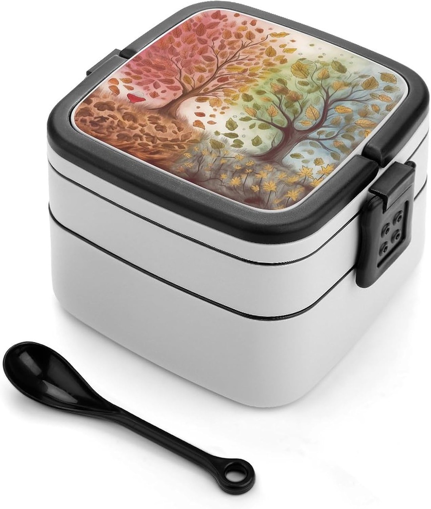 Autumn Naturally Bento Box Adult Lunch Box All-in-One Lunch Containers with Removable Compartments Double Layer Bento Lunch Box with Spoon And Handle Stackable Lunchbox