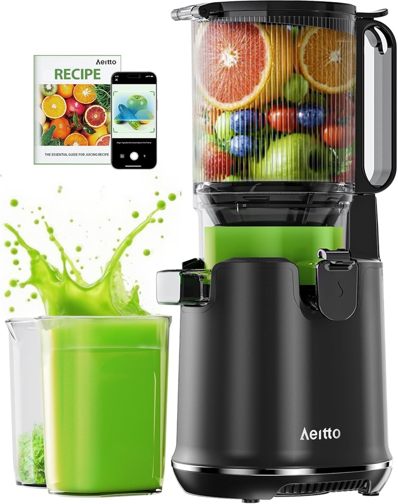Aeitto Max5 Cold Press Juicer, with 5.3“ Extra Wide Mouth, Juicer Machines For Whole Fruits & Vegetables, High Juice Yield, Professional Juice Maker, Self Feeding, Easy to Clean,Black
