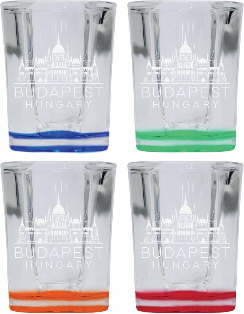 R and R Imports Budapest Hungary Souvenir 2 Ounce Engraved Shot Glass Square 4-Pack Multicolor