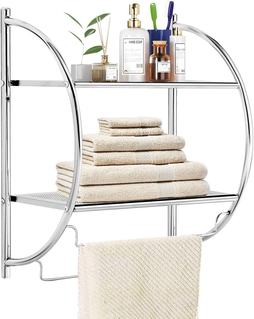 Tangkula Wall Mount 2 Tier Bathroom Shelf with Bars, 18" W X 10" D X 22" H, Home Toilet Double Layer Rustproof Chrome Shelf