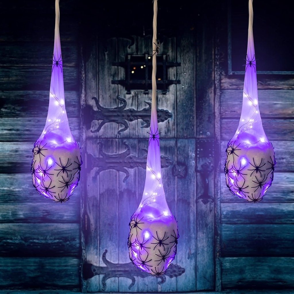 FUNPENY 3.2FT Halloween Decoration Hanging Light Up Spider Egg Sacs 3 Packs, Gift for Halloween Party Favors Games, Sacks Props for Halloween, Birthday Indoor Outdoor Decor (Purple)