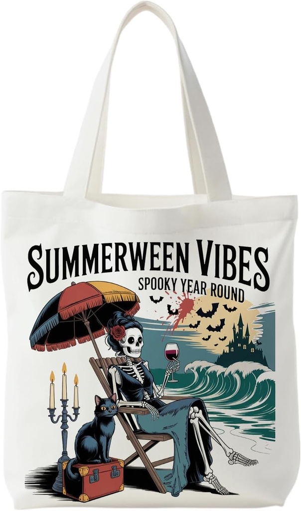 NATSUNO Summer Halloween Skeleton Beach Tote Bag for Candy Treats, Spooky Gothic Halloween Black Cat Canvas Tote Bag, Goth Skull Reusable Shopping Grocery Bags
