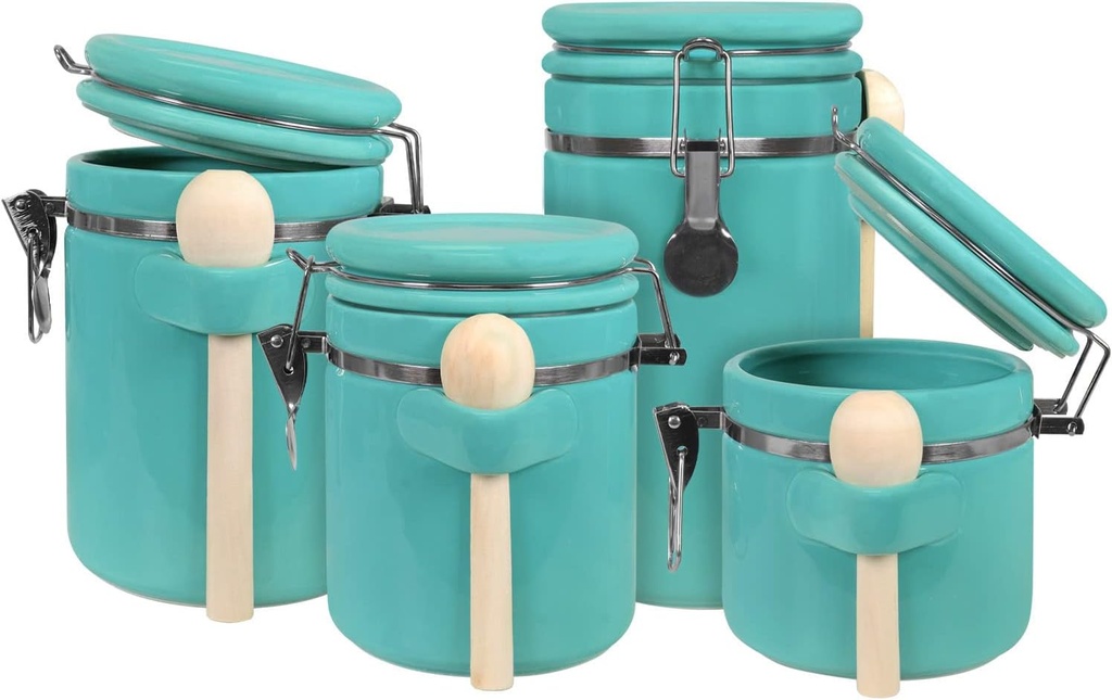 Blue Donuts 4-Piece Turquoise Ceramic Airtight Food Storage Canister Set with Wooden Spoons - 45 Oz, 40 Oz, 33 Oz, 25 Oz