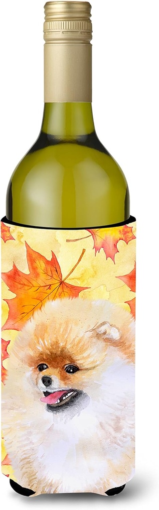 Caroline's Treasures BB9943LITERK Pomeranian Fall Wine Bottle Hugger, Yellow Bottle Cooler Sleeve Hugger Machine Washable Collapsible Insulator Beverage Insulated Holder