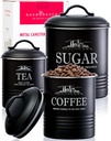 Matte Black Kitchen Canisters for Countertop - Set of 3 - Airtight Coffee Tea Sugar Container Set - Country Rustic Farmhouse Canisters Sets for the Kitchen
