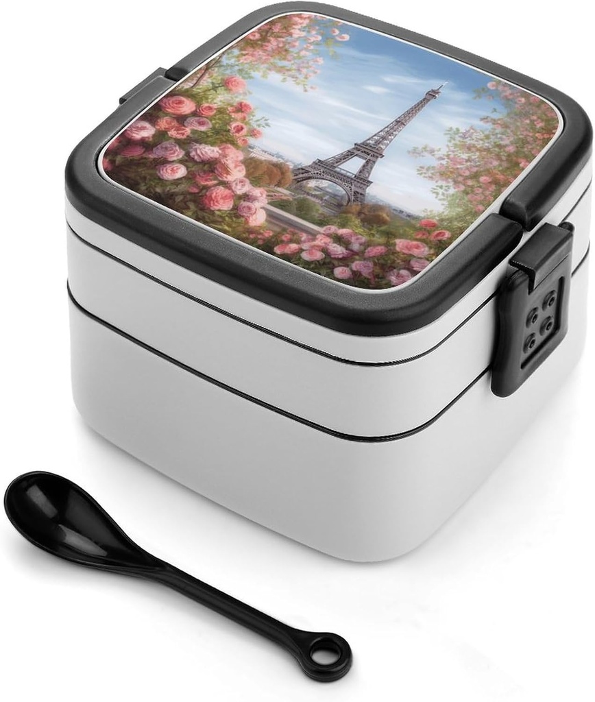 Paris Eiffel Tower with Flowers Bento Box Double-Layer Bento Lunch Container with Spoon And Invisible Handle Adult Leak-Proof Lunchbox for Dining Out Work Picnics Travel