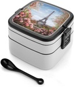 Paris Eiffel Tower with Flowers Bento Box Double-Layer Bento Lunch Container with Spoon And Invisible Handle Adult Leak-Proof Lunchbox for Dining Out Work Picnics Travel