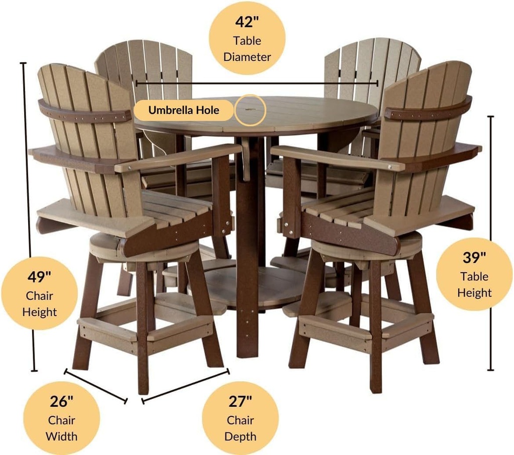 DutchCrafters Recycled Poly Round Balcony Dining Set, Table with 4 Chairs, Bar Height, Swivel Chairs, 5 Piece Patio Furniture Set, Amish Made in USA, Two-Toned Colors (Weatherwood & Brown)