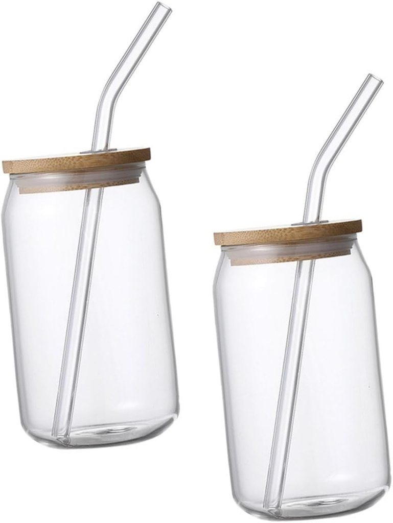 Cabilock Set of 2 Glass Drinking Cups Bamboo Lid Straw for Tea Coffee Juice Iced Drinks