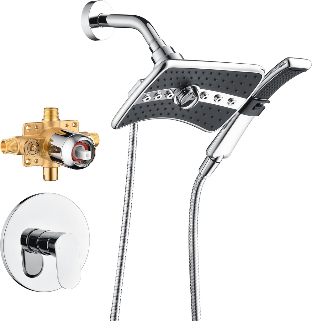 BRIGHT SHOWERS Dual Shower Head System with Handheld and Rainfall Shower, Shower Faucet Set with Valve and Trim Kit, Includes 79-Inch Stainless Steel Hose, Chrome